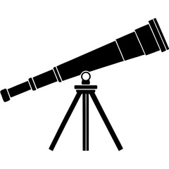 A flat, black and white illustration featuring a telescope on a tripod stand