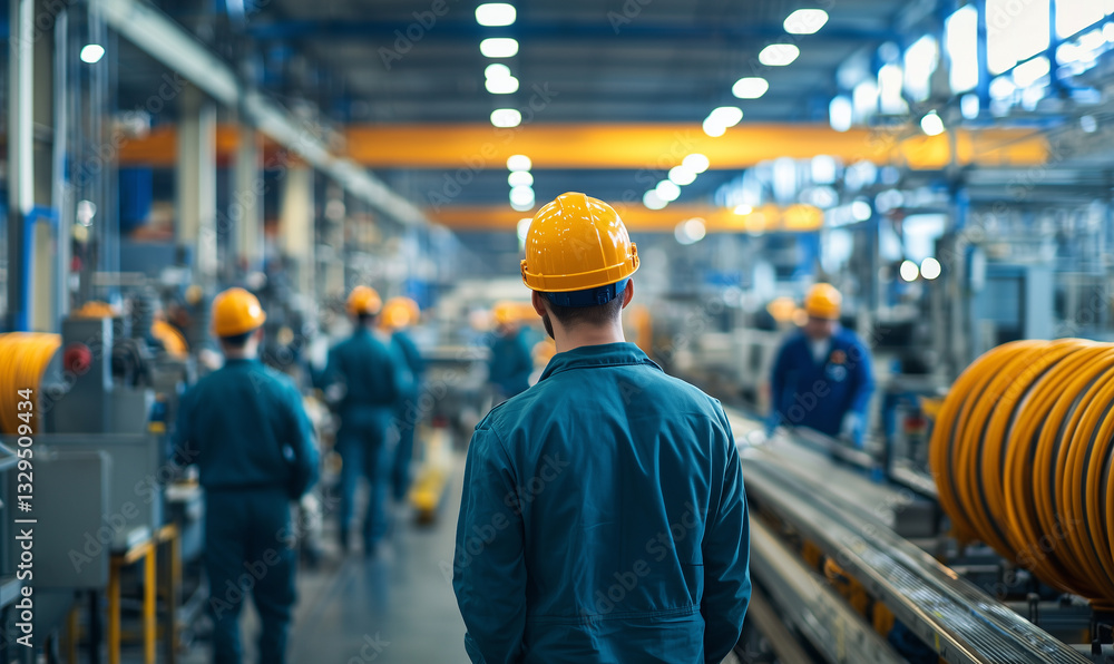 Poster workers in helmets navigate a factory floor filled with equipment and materials, highlighting a busy