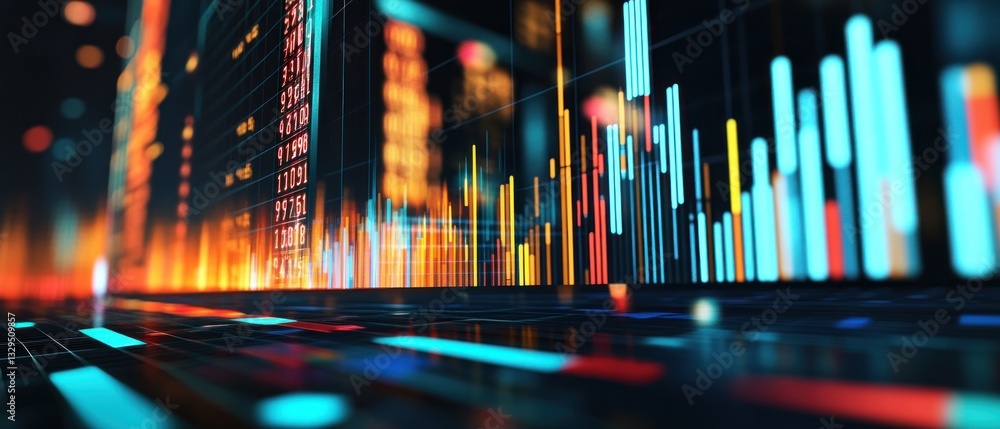 Poster colorful data visualization with glowing bars and lines