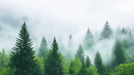 Fototapeta premium Mist-Kissed Forest: A tranquil scene unfolds with evergreen trees shrouded in a mystical, ethereal mist, capturing the raw, untamed beauty of the natural world.