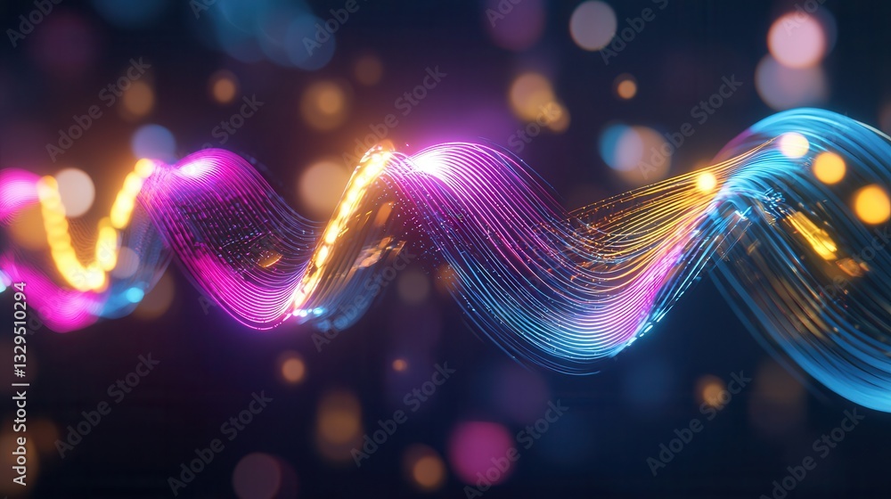 Poster vibrant abstract image featuring dynamic neon wave lines in a mesmerizing blend of gold and pink hue