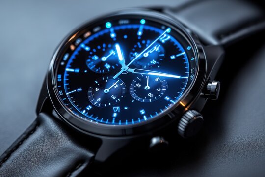 Wristwatch with luminous blue accents and a sleek modern design on dark background