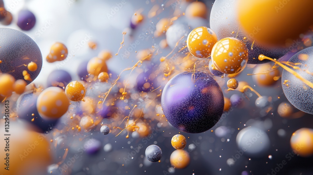 Poster an abstract 3d rendered scene featuring a dynamic cluster of colorful flowing liquid particles creat