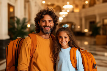 Fototapeta premium joyful father and daughter pose together in hotel lobby, both wearing orange backpacks. warm atmosphere and their smiles convey sense of adventure and family bonding