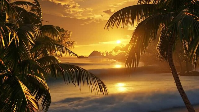 Sonnenuntergang mit Palmen am tropischen Strand