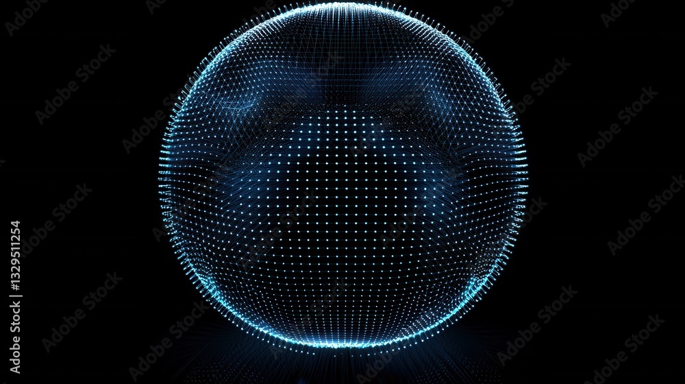 Poster striking 3d rendering depicting a spherical structure composed of a grid of luminous blue points cre
