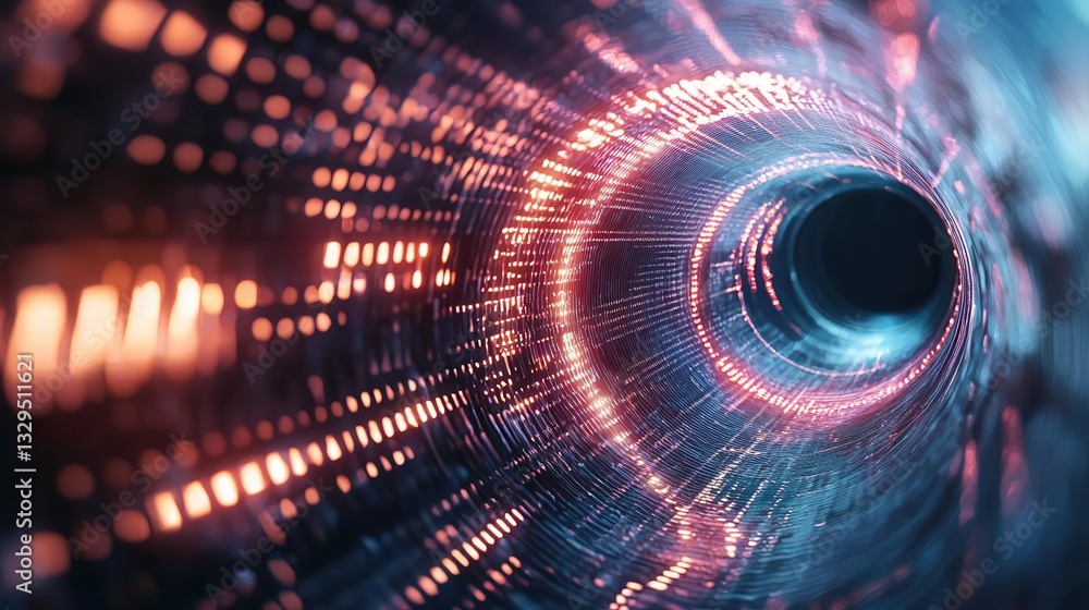 Poster a mesmerizing digital tunnel filled with pulsing glowing data streams and luminous patterns suggesti