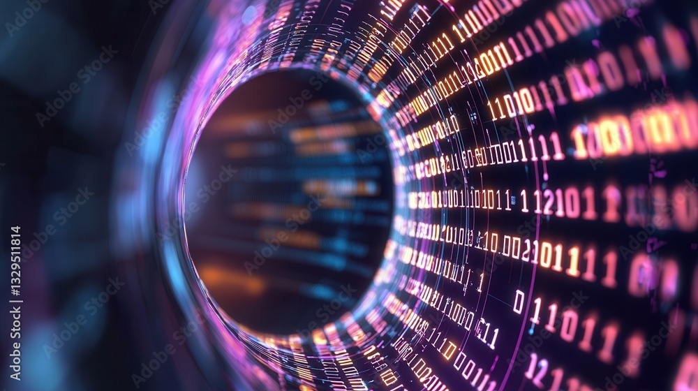 Poster vibrant and dynamic 3d rendering of a glowing digital tunnel representing the endless expanse of tec