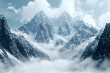 Snowy Mountain Peaks In Misty Clouds