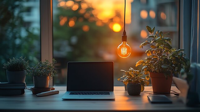 Cozy Workspace with Laptop, Lightbulb, and Plants Against a Scenic View, Fostering Creativity and Relaxation in a Comfortable Home Office.