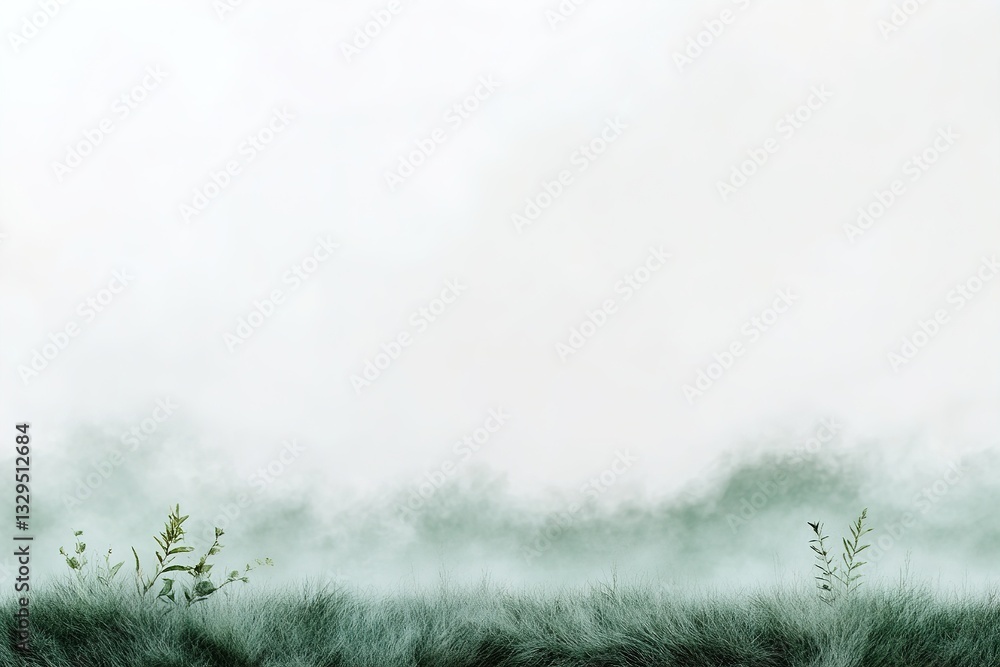 Poster a soft focus landscape features a misty green base blending into an open sky, creating a tranquil an