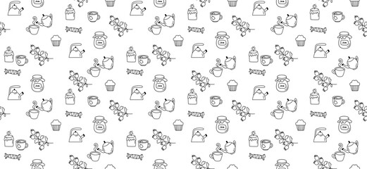 Pattern with tea accessories teapot, cup, jam, sweets and twigs, minimalistic linear style