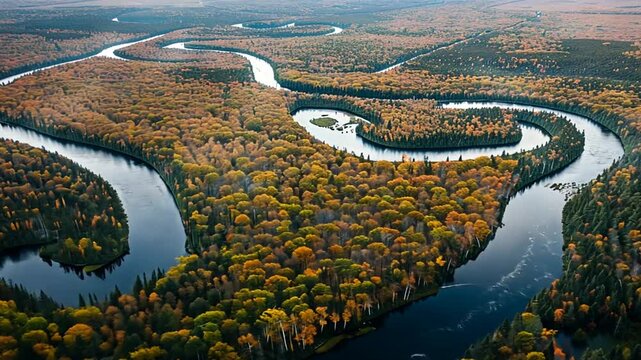 Gewundener Fluss durch herbstliche W&auml;lder mit goldenem Licht