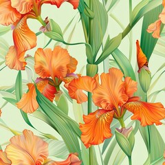 Vibrant orange iris flowers with green leaves in a backdrop repeating pattern on a soft mint background for floral design projects in watercolor style. Cheerful seamless tile in spring concept.