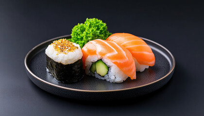 A beautifully arranged sushi platter featuring salmon nigiri and a cucumber roll, garnished with fresh greens on a black plate.