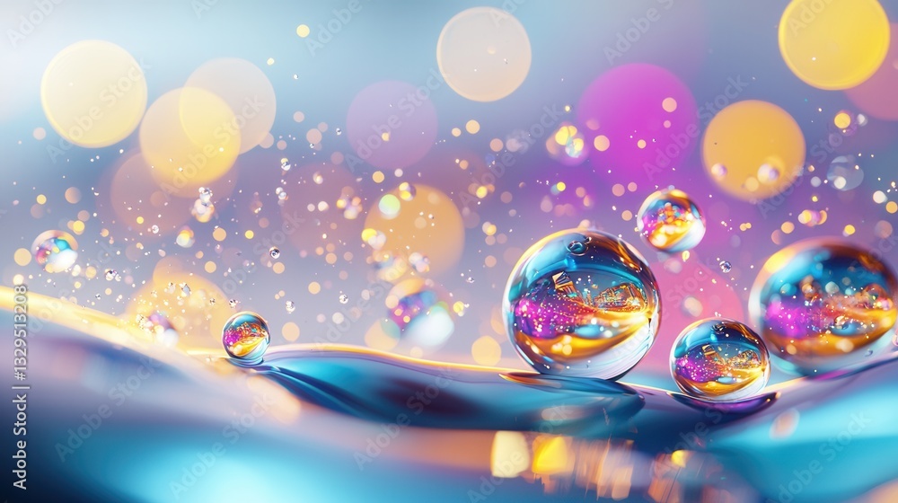 Poster vibrant dynamic liquid bubbles and droplets with shimmering prismatic reflections and refractions in