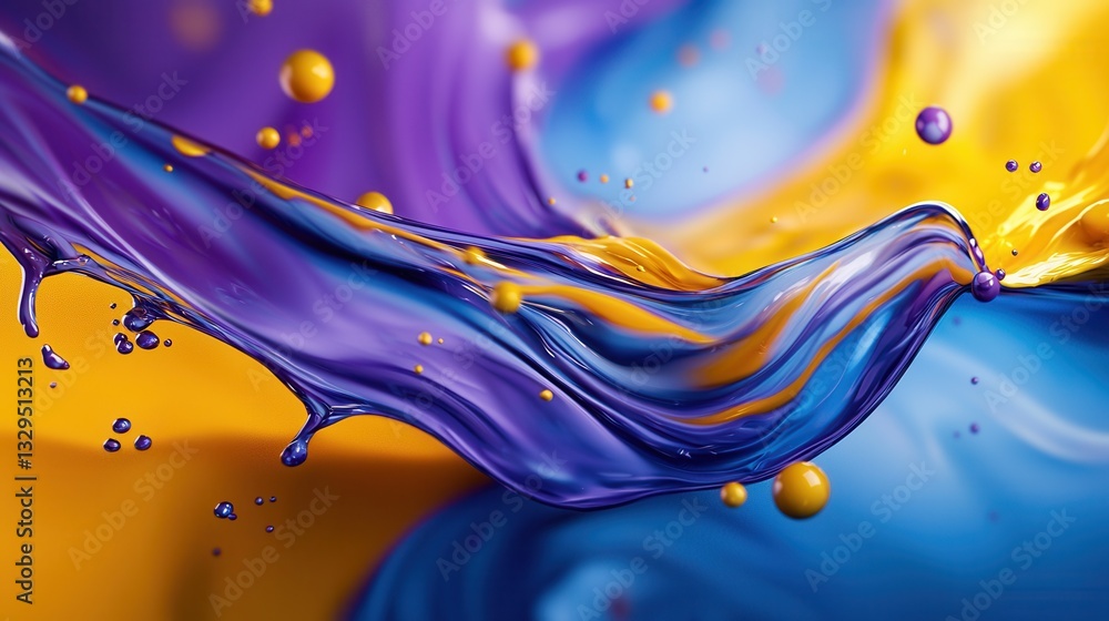 Poster a vibrant abstract composition featuring the dynamic motion of colorful liquid flows and suspended s