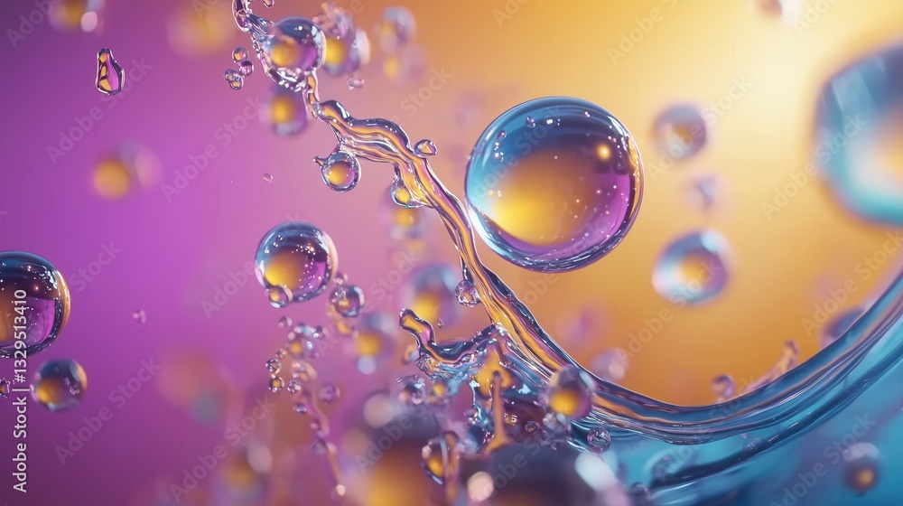 Poster vibrant iridescent bubbles and spheres float and swirl in a dynamic shimmering liquid creating a sur