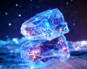 Glowing blue and purple ice crystals rest on a snowy surface, illuminated with vibrant light. A dark, starry background adds depth