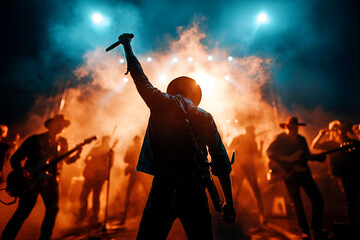 Silhouette of male rock singer and band performing on stage with fiery lights, music festival