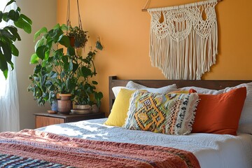 Cozy Bedroom Interior Featuring Plants, Textured Blanket, and Macrame Wall Decor