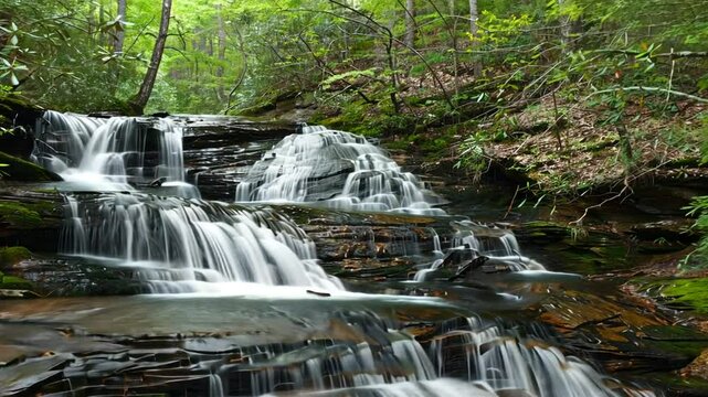Mehrstufiger Wasserfall in einer friedlichen Waldlandschaft
