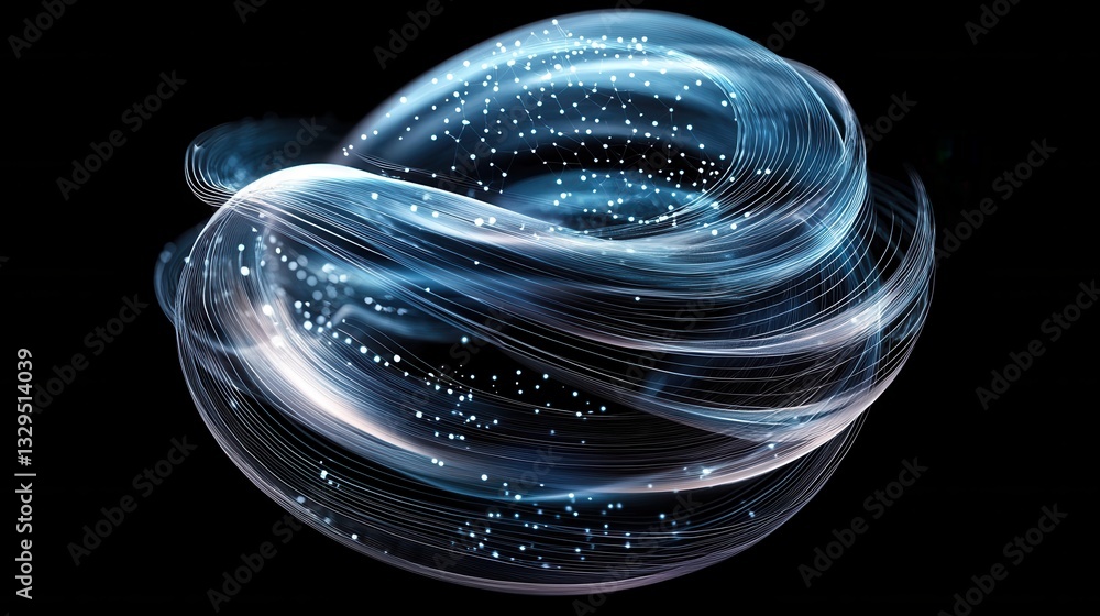 Poster a captivating abstract 3d wireframe sphere in a vivid luminous blue hue surrounded by a dynamic swir