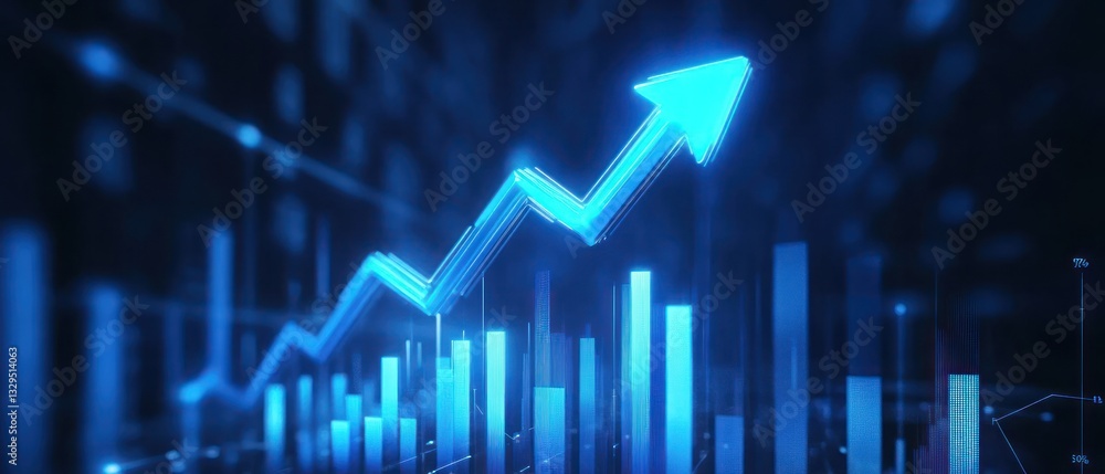 Poster a dynamic blue graph illustrating upward trends in data analytics, with a digital backdrop enhancing