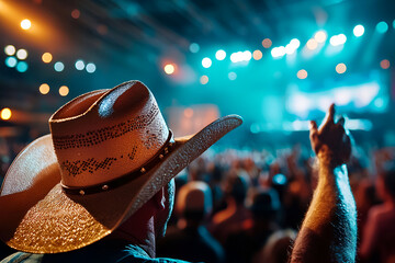 Male caucasian adult in cowboy hat enjoying concert in vibrant atmosphere, country music festival