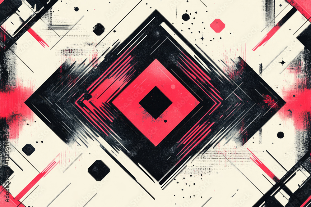 Poster abstract geometric artwork featuring intersecting red and black shapes on a cream background with gr