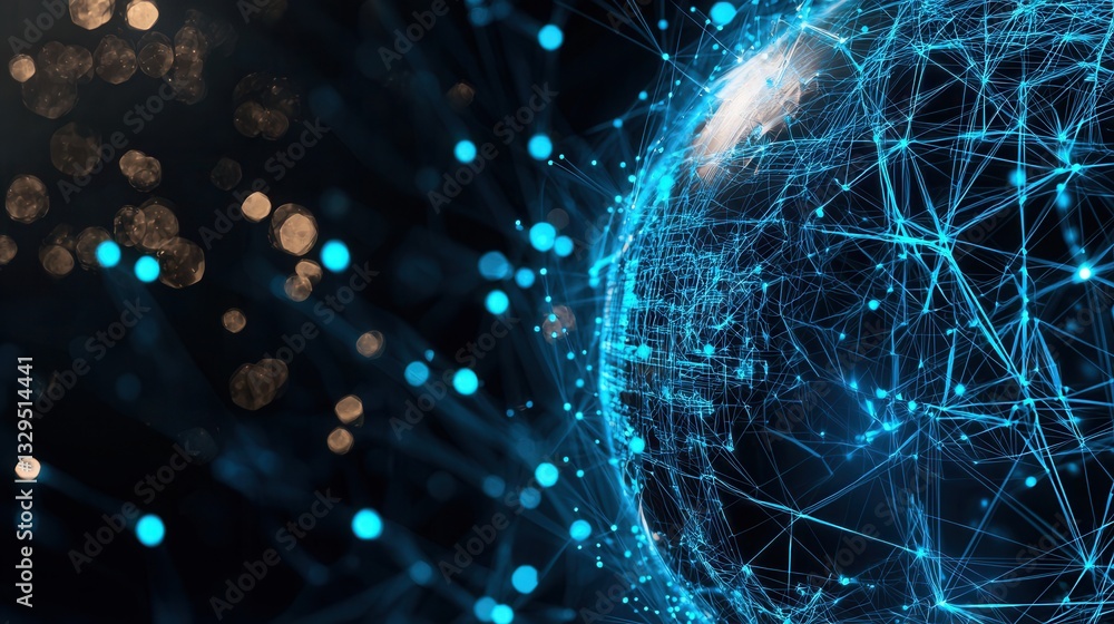 Poster a futuristic 3d visualization of a wireframe sphere with a network of glowing blue points and lines 