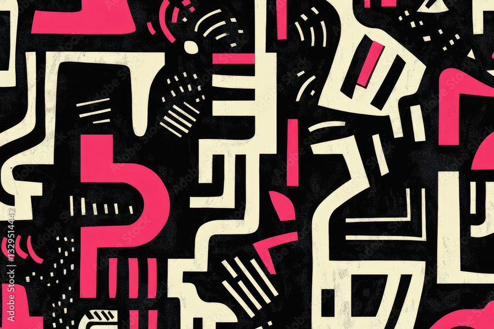 Poster Abstract geometric art with pink and beige shapes on a transparent background.  Bold lines and contrasting colors create a vibrant design.
