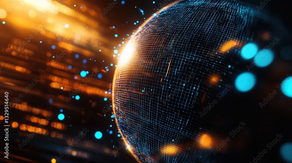 Poster a captivating 3d wireframe sphere glowing with a network of luminous points symbolizing the intercon