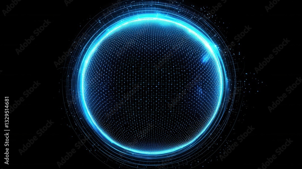 Fototapete A digital rendering of a glowing blue wireframe sphere with a complex futuristic grid pattern creating a sleek and technologically advanced visual effect