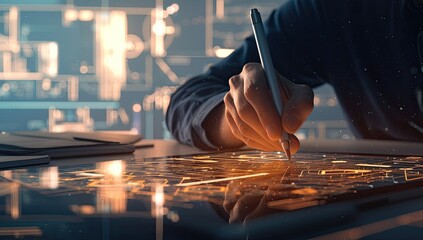 Person drawing on interactive tablet, digital design in a modern office environment