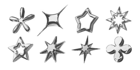 Y2k 3d chrome halftone stars shape retro abstract elements vector illustration set. Chrome silver 3d metallic halftone semitone retro effect collection. Y2k space various star retro futuristic shapes.
