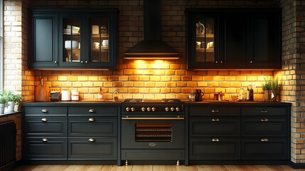 Stylish Dark Kitchen With Brick Wall