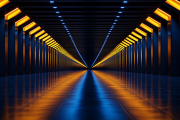 Fototapeta premium long corridor with abstract lighting creates futuristic atmosphere, featuring blue and orange lights reflecting on polished floor