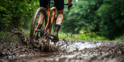 A cyclist riding through a muddy trail