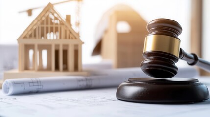 A wooden judge s gavel rests on top of architectural blueprints and plans highlighting the intersection of law construction and real estate development