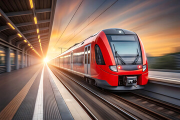 Obraz premium Red high-speed train moving on tracks at sunset, symbolizing modern transportation and rapid travel
