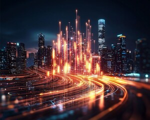 Neon City Skyline Business Growth , Business Success Glow Light with Rising Graphs ,Futuristic Economy and Business Success Glowing Business Skyline with Economic 