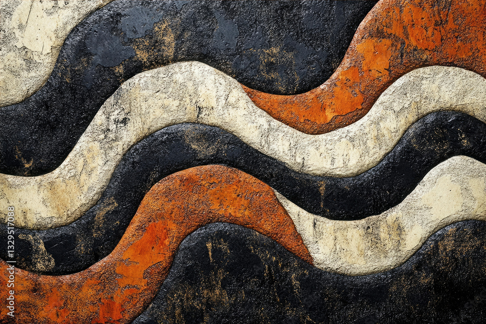 Poster abstract art depicting textured waves in black, orange, and beige, creating a dynamic visual effect.