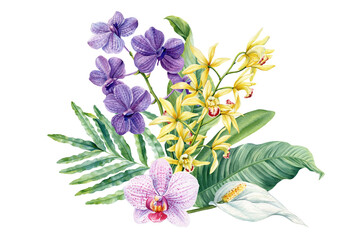 watercolor yellow and purple orchid bouquet with tropical leaves and exotic plants, botanical illustration for posters and cards