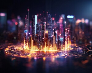 Neon City Skyline Business Growth , Business Success Glow Light with Rising Graphs ,Futuristic Economy and Business Success Glowing Business Skyline with Economic 