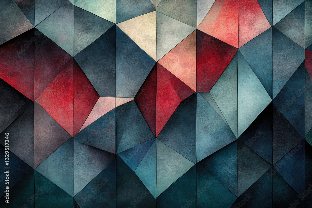 Poster abstract geometric pattern of textured triangles in dark blue, red, and beige tones.