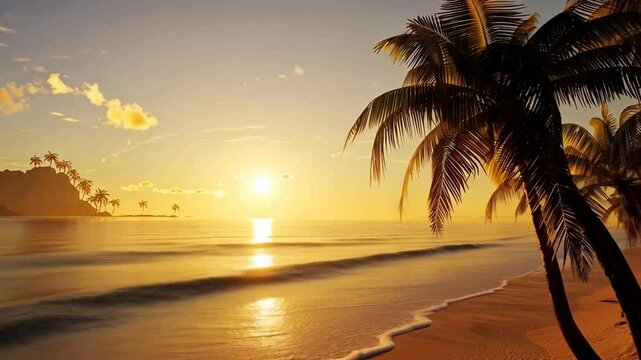 Palmen im Sonnenuntergang an einem goldenen Strand