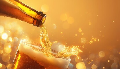 Pouring beer into glass, golden bokeh background