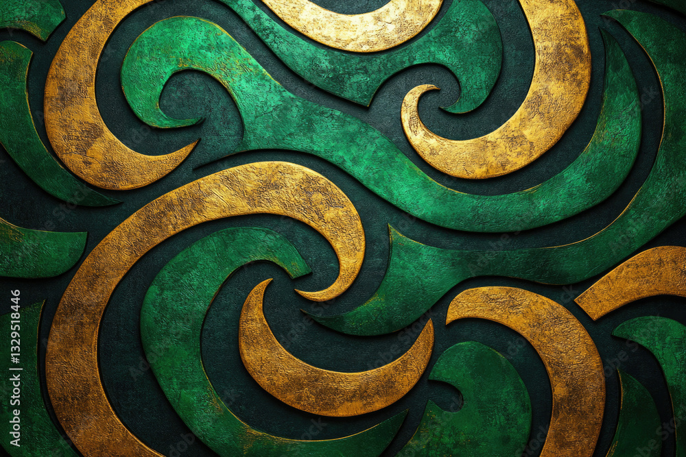 Poster abstract swirls of gold and green metallic texture create a luxurious, ornate design.