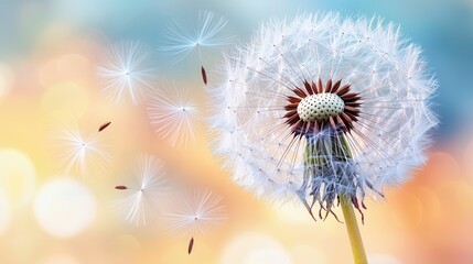A delicate fluffy dandelion puff is captured in the wind its wispy white seeds gently floating and drifting off into the soft blurred background